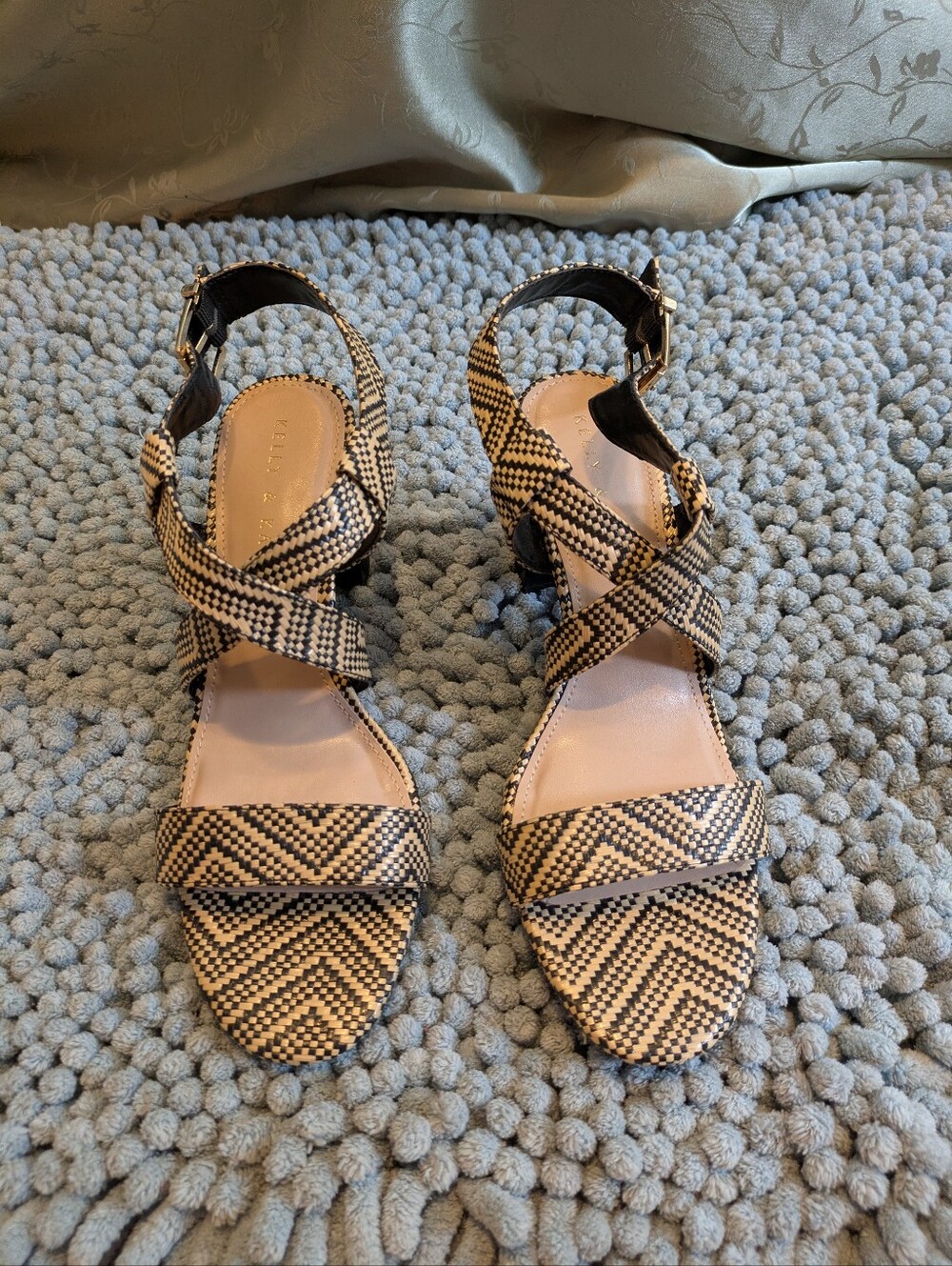 Kelly and Katie black/tan woven women's strappy block heel sandal, size 8M